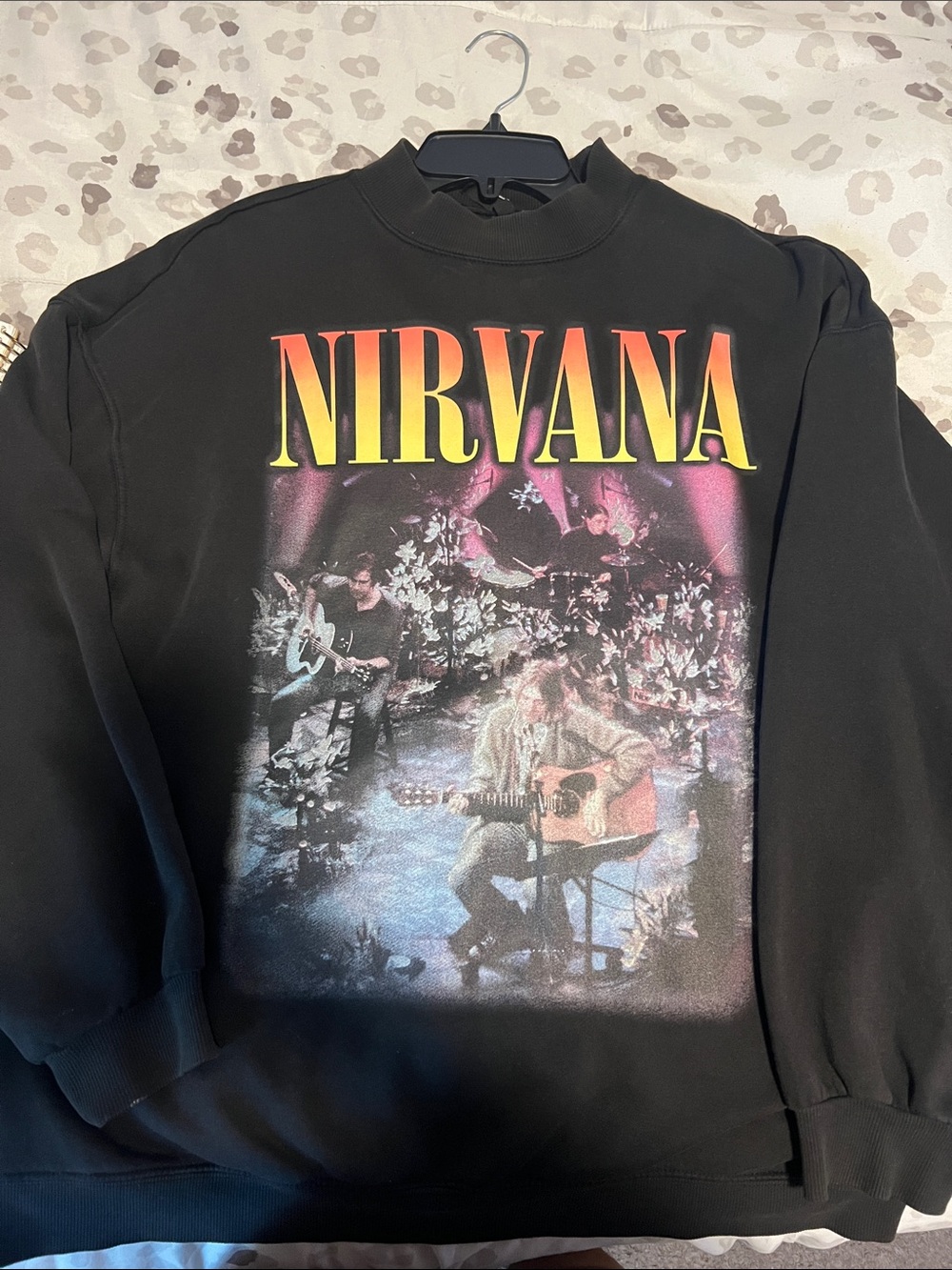 H&M NIRVANA Black Crewneck Sweatshirt with Yellow-Red Gradient Logo